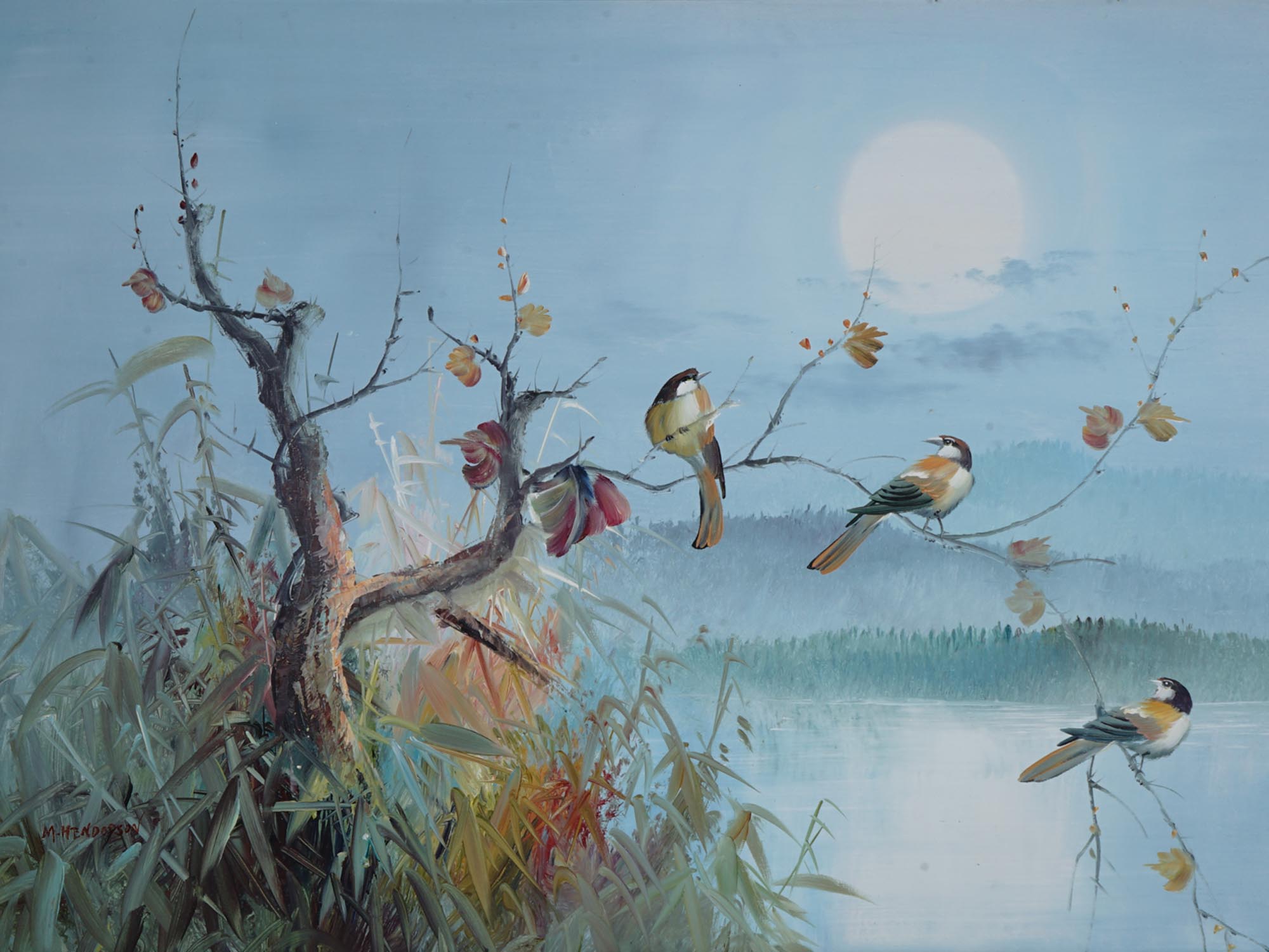 AMERICAN OIL BIRDS PAINTING SIGNED M. HENDERSON PIC-1